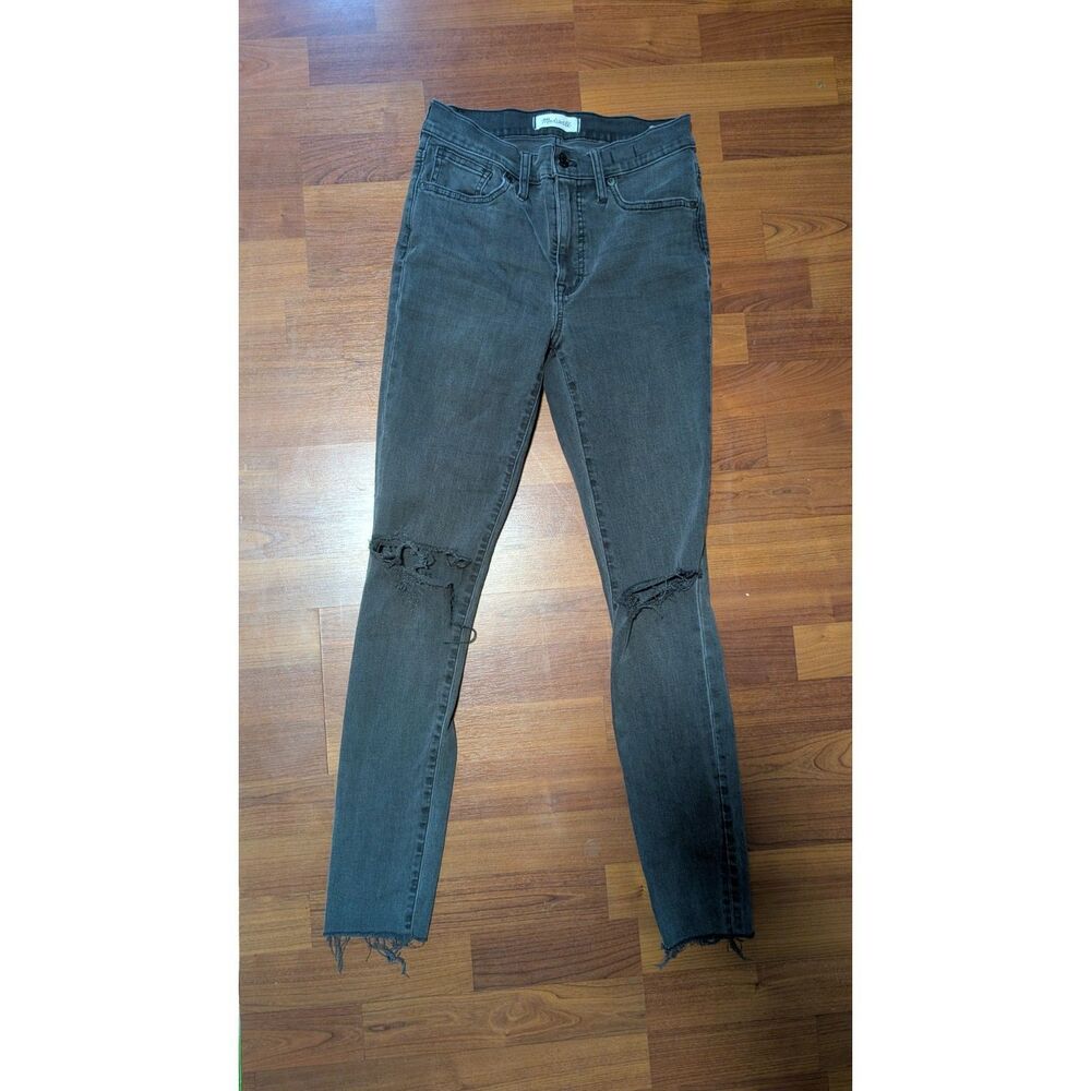 Madewell Black Distressed Skinny Jeans Size 27 Raw Hem Ripped Knee
